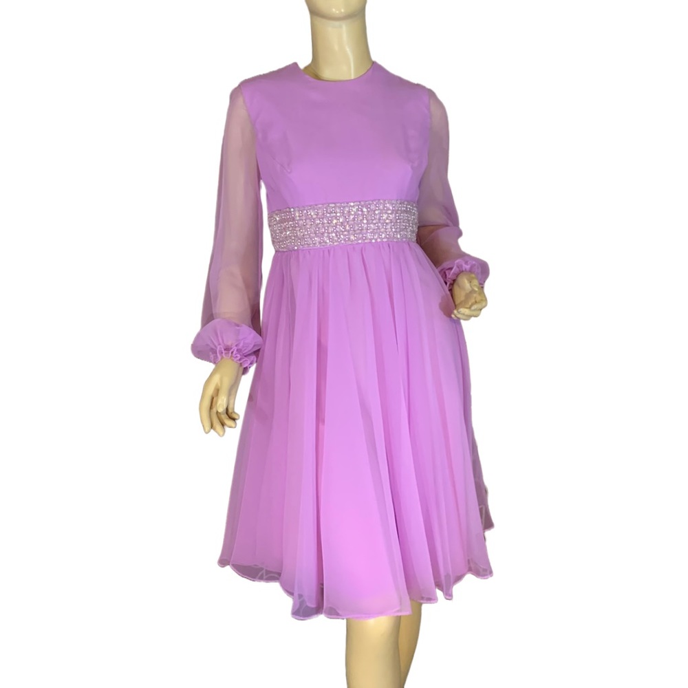 VINTAGE 1960'S JACK BRYAN BY DUPUIS ORCHID PURPLE CHIFFON BEADED COCKTAIL DRESS - Picture 2 of 14